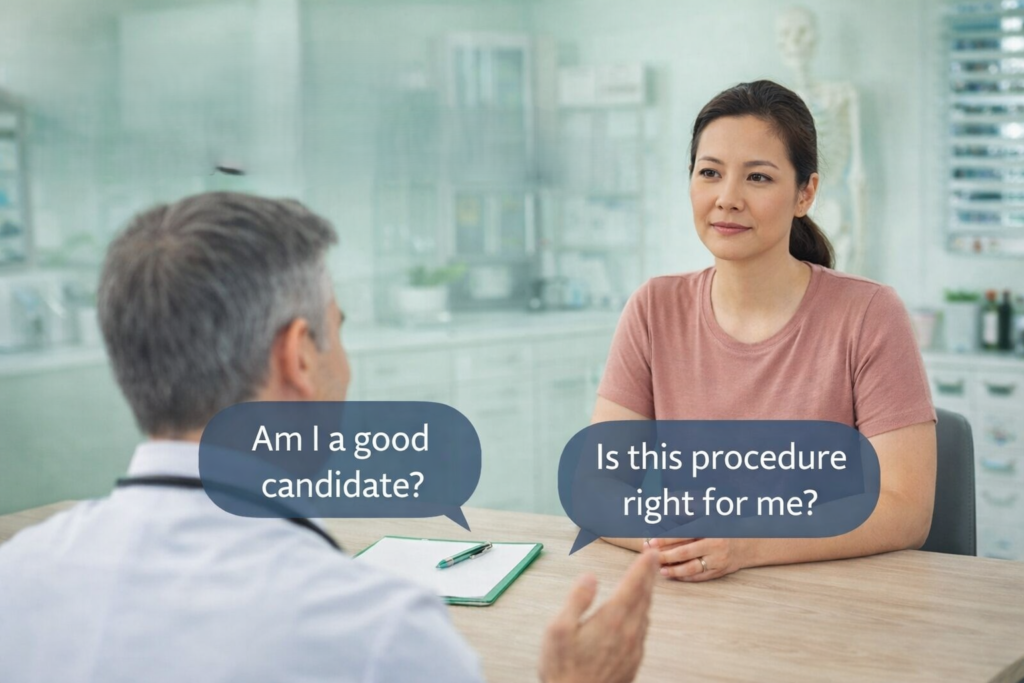Patient discussing candidacy and suitability for a medical procedure during a consultation with a doctor.