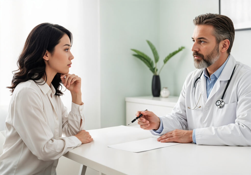 Patient discussing surgeon experience and credentials for breast reduction surgery during a consultation with a plastic surgeon.