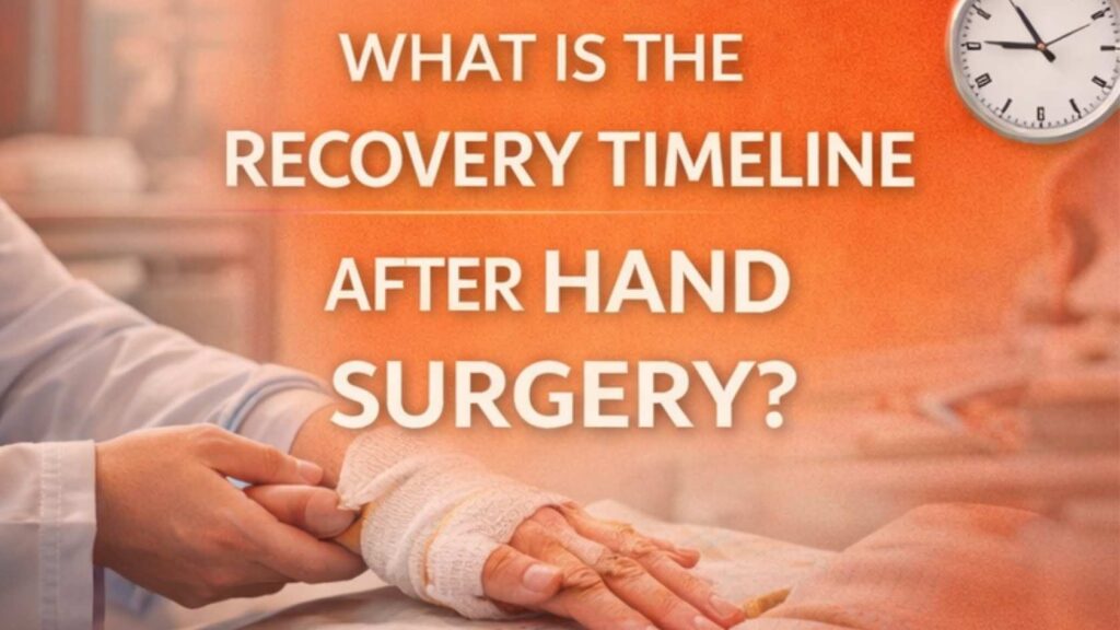 Recovery timeline after hand surgery showing a patient’s bandaged hand being examined by a doctor.