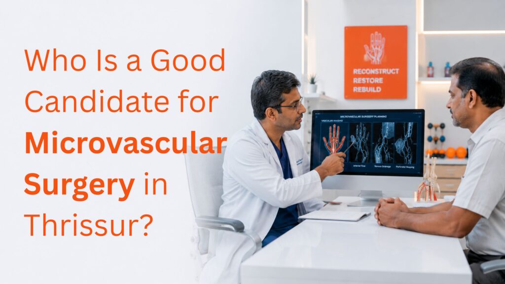 Reconstructive microsurgeon discussing eligibility and treatment planning for who is a good candidate for microvascular surgery in Thrissur in a modern hospital consultation room.