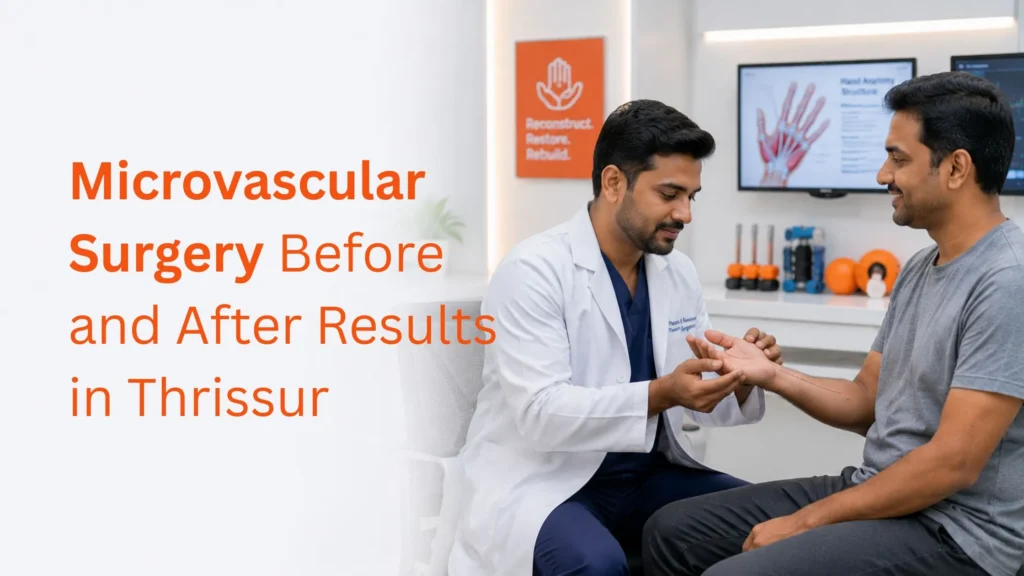 Plastic and reconstructive surgeon reviewing recovery progress after microvascular surgery before and after results in Thrissur with a patient in a modern rehabilitation clinic.