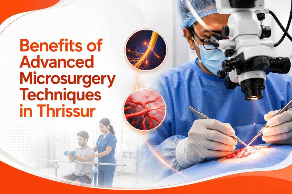 Benefits of Advanced Microsurgery Techniques in Thrissur banner showing a microsurgeon performing precision nerve and blood vessel repair under an advanced surgical microscope.