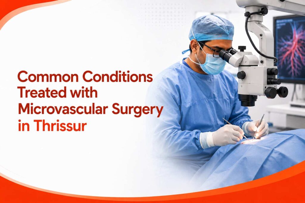 Common Conditions Treated with Microvascular Surgery in Thrissur banner showing a microsurgeon performing precision reconstructive surgery using a surgical microscope in a modern operating room.