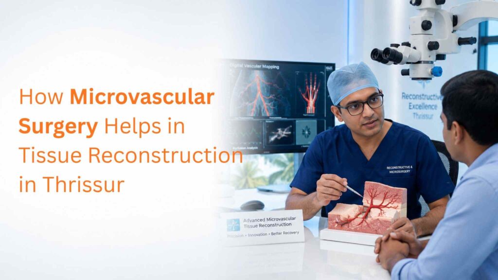 Doctor explaining tissue reconstruction procedure during microvascular-surgery-helps-in-tissue-reconstruction-in-thrissur consultation with patient in a modern surgical clinic.