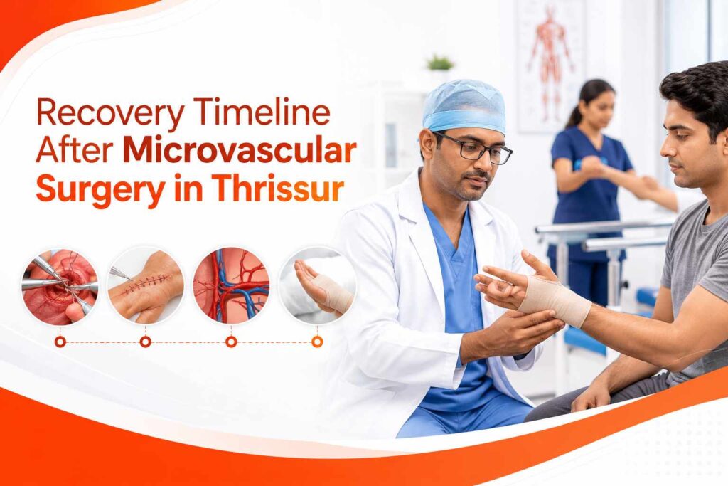 Recovery Timeline After Microvascular Surgery in Thrissur banner showing a microsurgeon monitoring patient rehabilitation and hand recovery in a modern hospital setting.