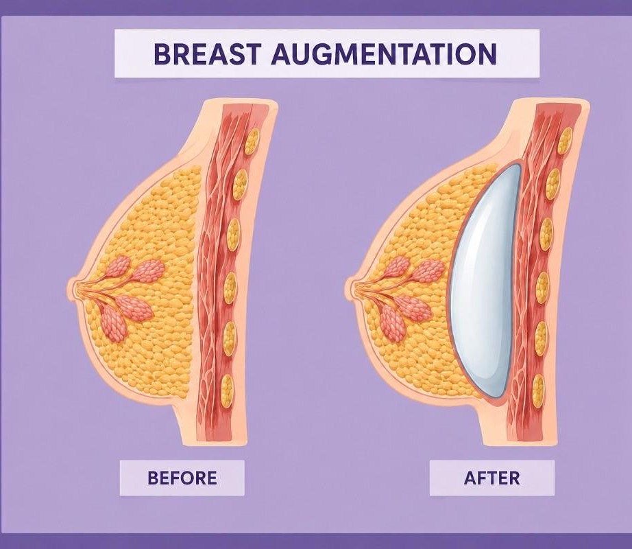 Breast Augmentation Surgery Cost illustration showing key factors that influence treatment planning, facility standards, safety measures, and recovery support.