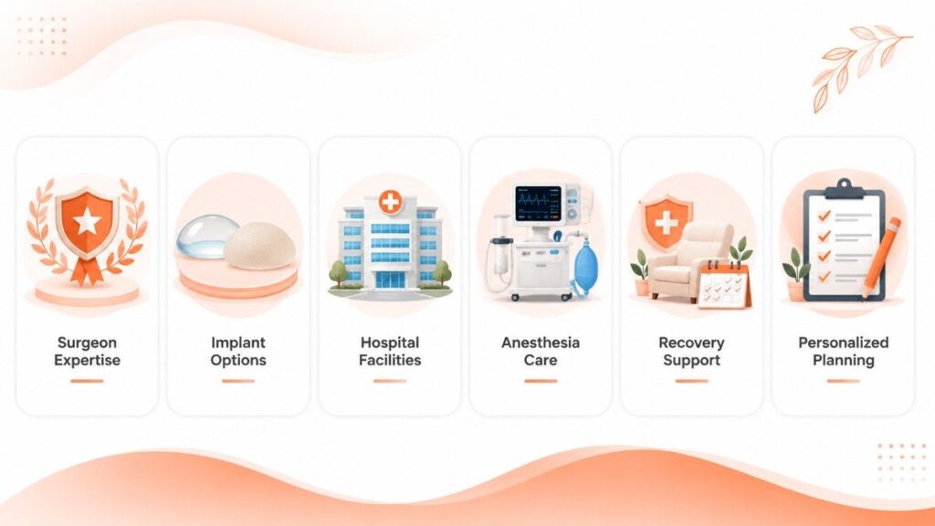 Breast Augmentation Surgery Cost infographic showing key factors such as surgeon expertise, implant options, hospital facilities, anesthesia care, recovery support, and personalized planning.