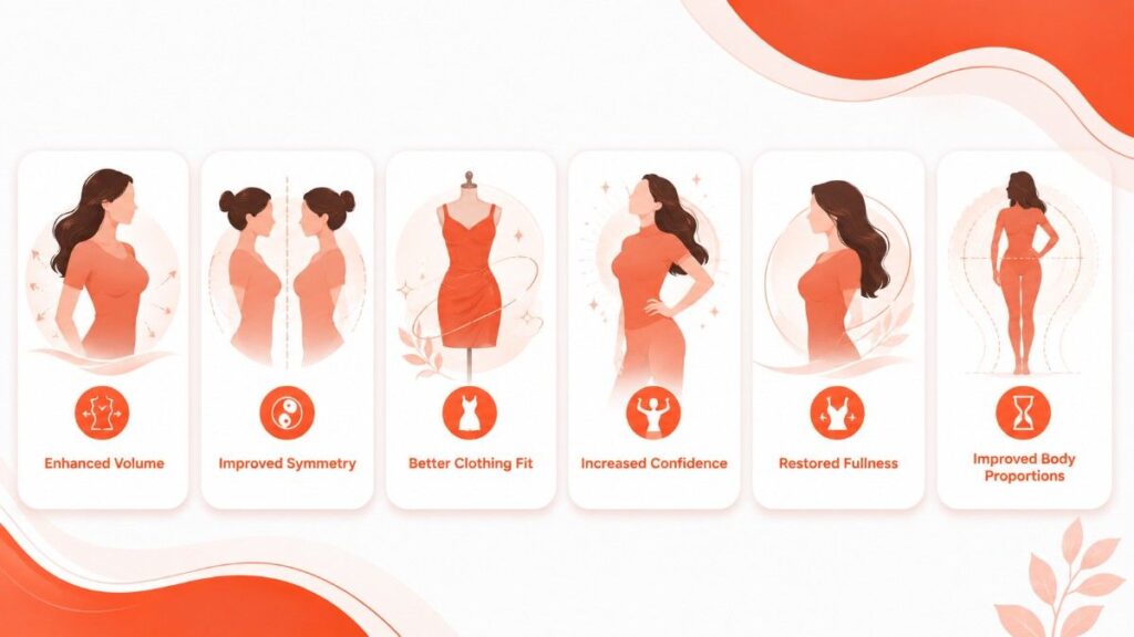 Benefits of Breast Augmentation Surgery in Thrissur illustrated through enhanced volume, improved symmetry, better clothing fit, increased confidence, restored fullness, and improved body proportions.