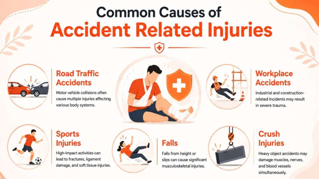Common causes of accident related injuries including road traffic accidents, workplace accidents, sports injuries, falls, and crush injuries