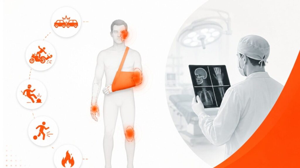 Illustration showing common accidents that may require reconstructive surgery, including road traffic accidents, workplace injuries, sports injuries, burn injuries, and trauma-related limb and facial damage