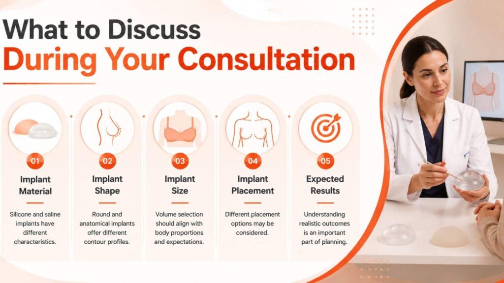 What to Discuss During Your Consultation infographic showing implant material, implant shape, implant size, implant placement, and expected results for breast augmentation planning.