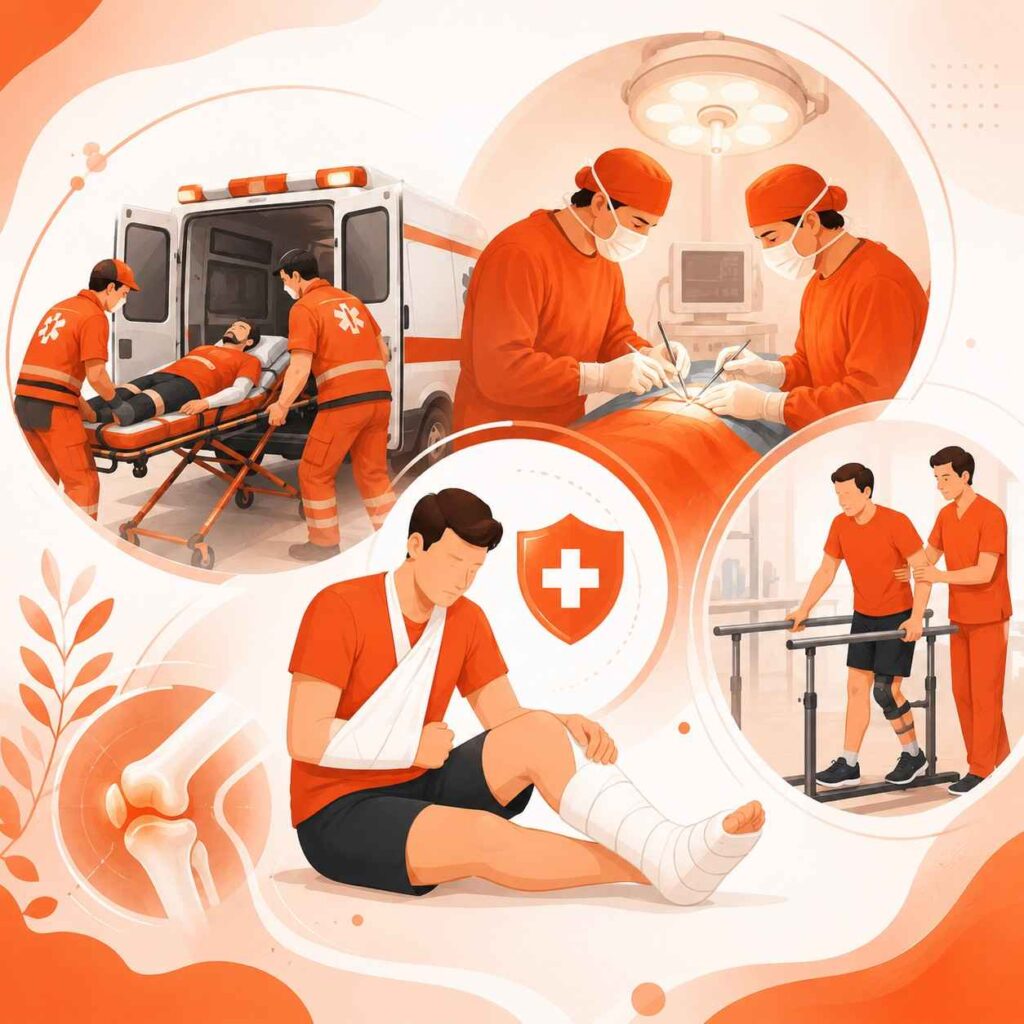 Treatment for accident related injuries showing emergency trauma care, reconstructive surgery, fracture management, and rehabilitation recovery