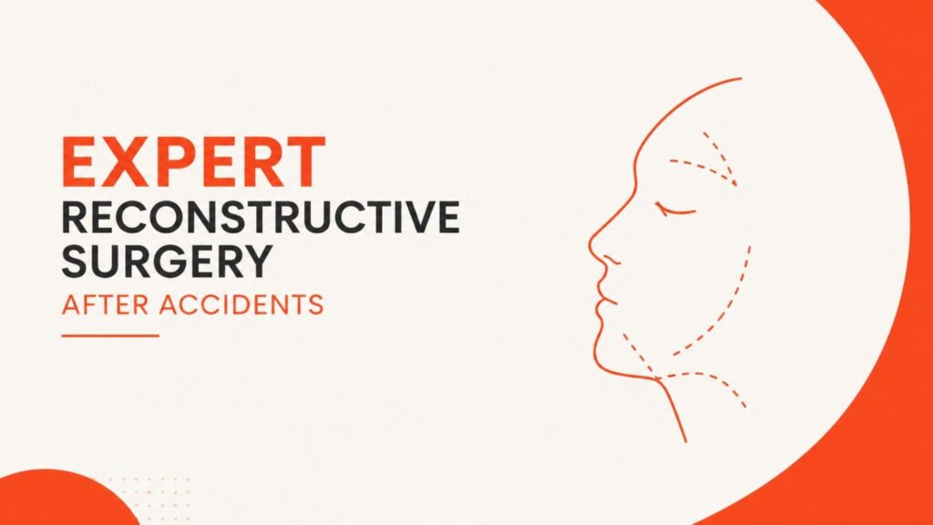 Expert reconstructive surgery after accidents illustration showing advanced facial reconstruction planning and post-trauma surgical restoration in a clean medical design.