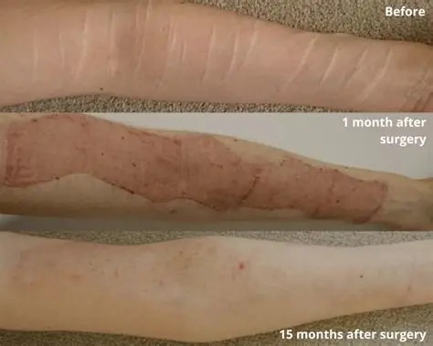 Skin graft surgery for traumatic wounds showing the healing progression of a reconstructed lower leg over several months after treatment.
