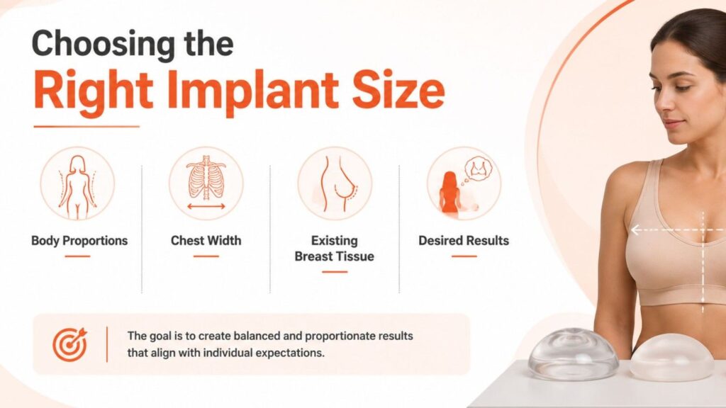 Choosing the Right Implant Size infographic illustrating body proportions, chest width, existing breast tissue, and desired results for breast implant selection.