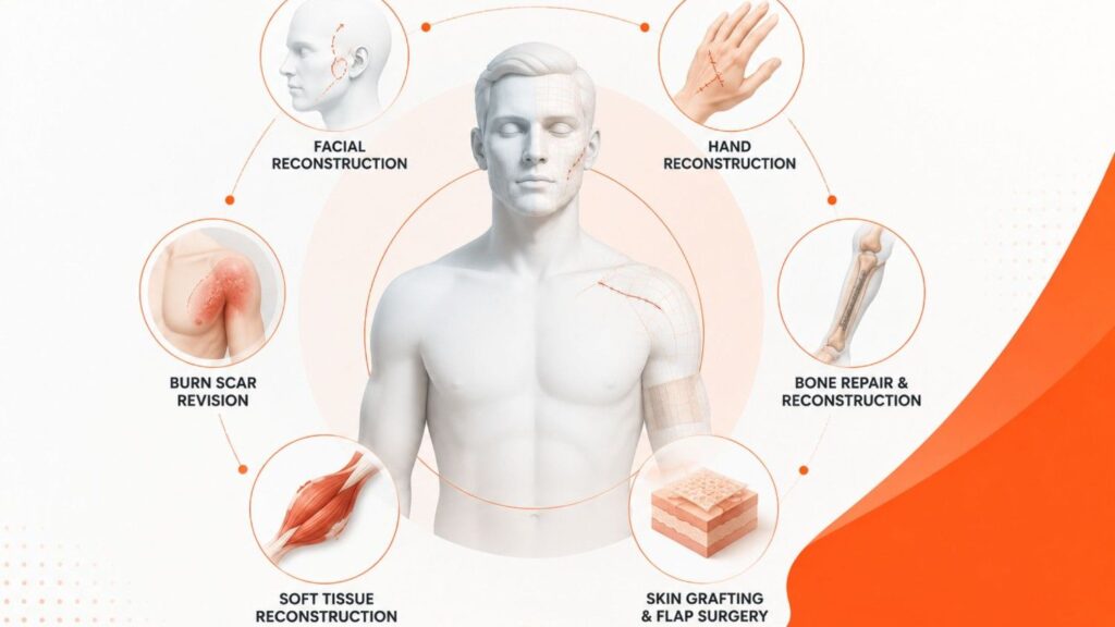Medical illustration showing key procedures in expert reconstructive surgery after accidents, including facial reconstruction, hand reconstruction, bone repair, skin grafting, soft tissue reconstruction, and burn scar revision