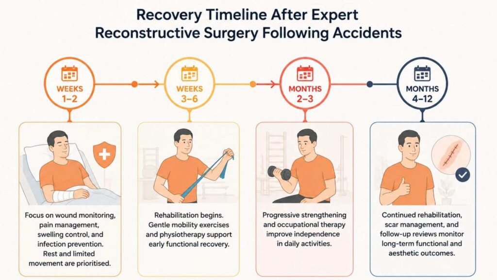Recovery timeline after expert reconstructive surgery following accidents, showing stages of healing from wound care and rehabilitation to long-term recovery, scar management, and functional restoration.