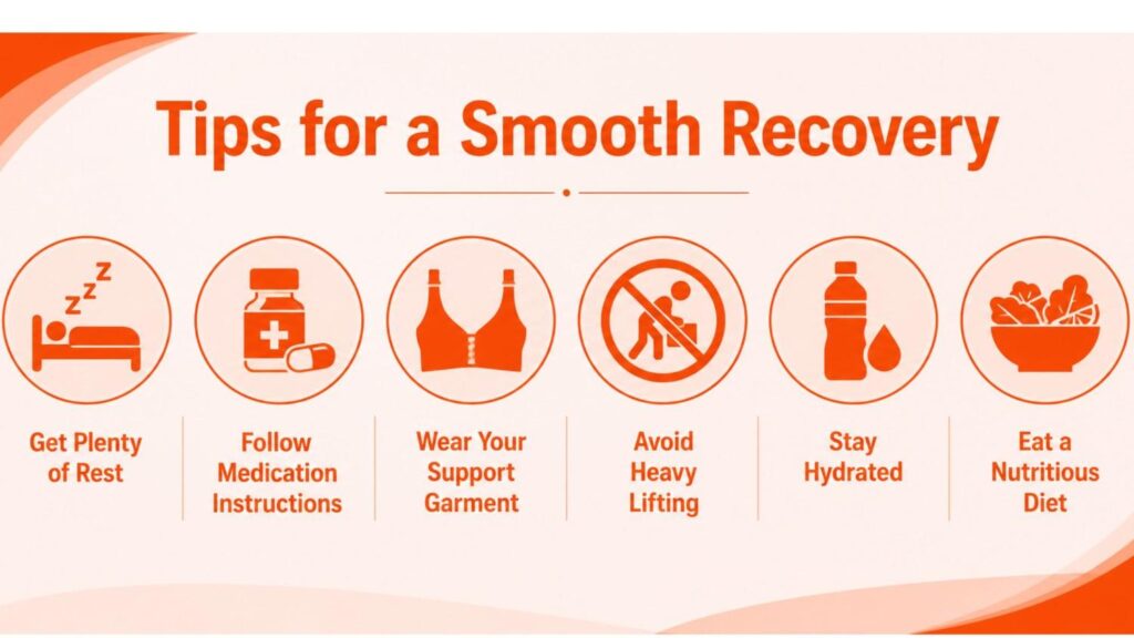 Infographic showing tips for a smooth recovery after breast augmentation surgery, including rest, medication, support garment, hydration, nutrition, and avoiding heavy lifting.