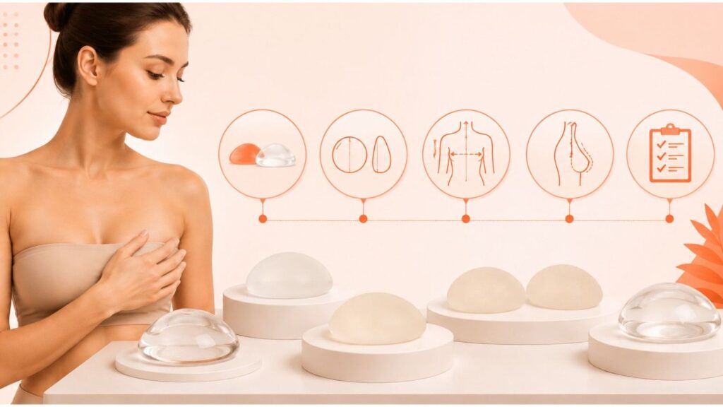 Breast Implant Types Explained illustration showing silicone and saline implant options, implant shapes, sizing considerations, and breast augmentation planning.