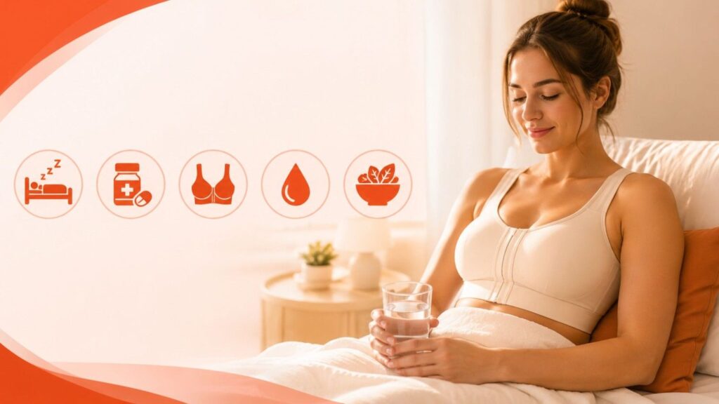 Recovery After Breast Augmentation Surgery showing a woman resting comfortably while following postoperative care recommendations for a smooth healing process.