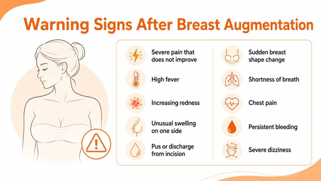 Warning signs after breast augmentation infographic showing symptoms like severe pain, fever, redness, swelling, chest pain, breathing difficulty, bleeding, and dizziness.