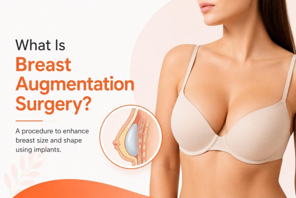 Medical illustration explaining breast augmentation surgery with a modest anatomical implant diagram and a clean, professional healthcare design.