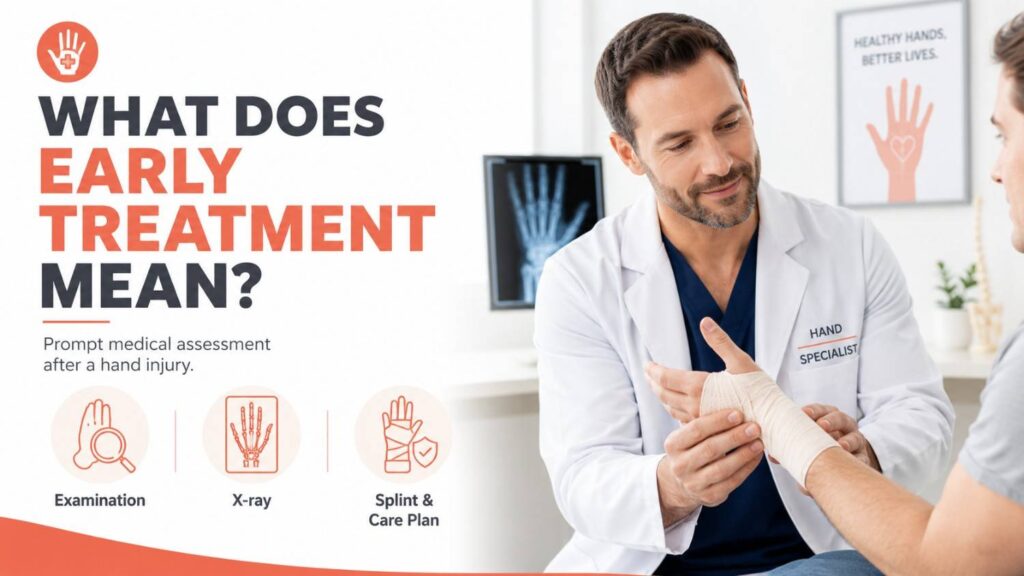 What Does Early Treatment Mean for hand injuries, showing a specialist examining a patient’s bandaged hand.
