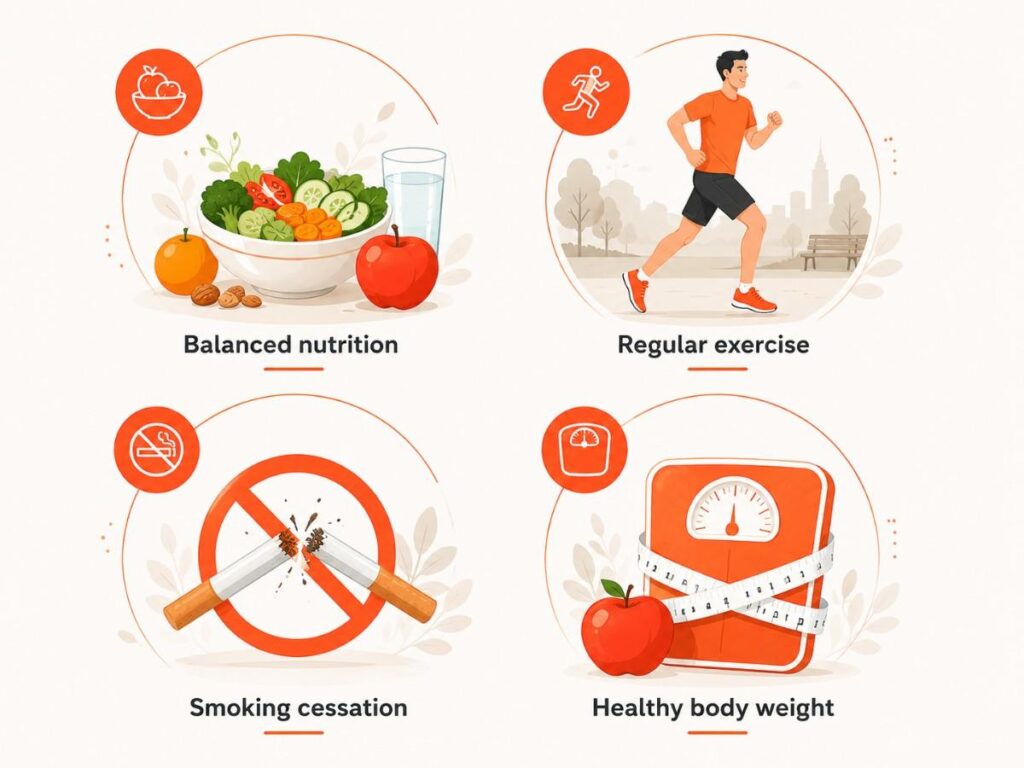 Age Requirements for Breast Augmentation Surgery illustration highlighting healthy lifestyle habits, including balanced nutrition, regular exercise, smoking cessation, and maintaining a healthy body weight to support surgical readiness.