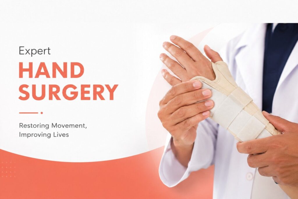 Realistic hero banner showing a hand surgeon examining a patient's injured hand with a modern white background and coral (#f67f5d) design accents.