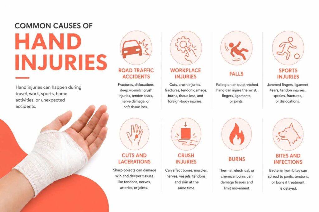 Infographic illustrating the common causes of hand injuries, including road traffic accidents, workplace injuries, falls, sports injuries, cuts, crush injuries, burns, and bites, using realistic hand imagery with coral accents.