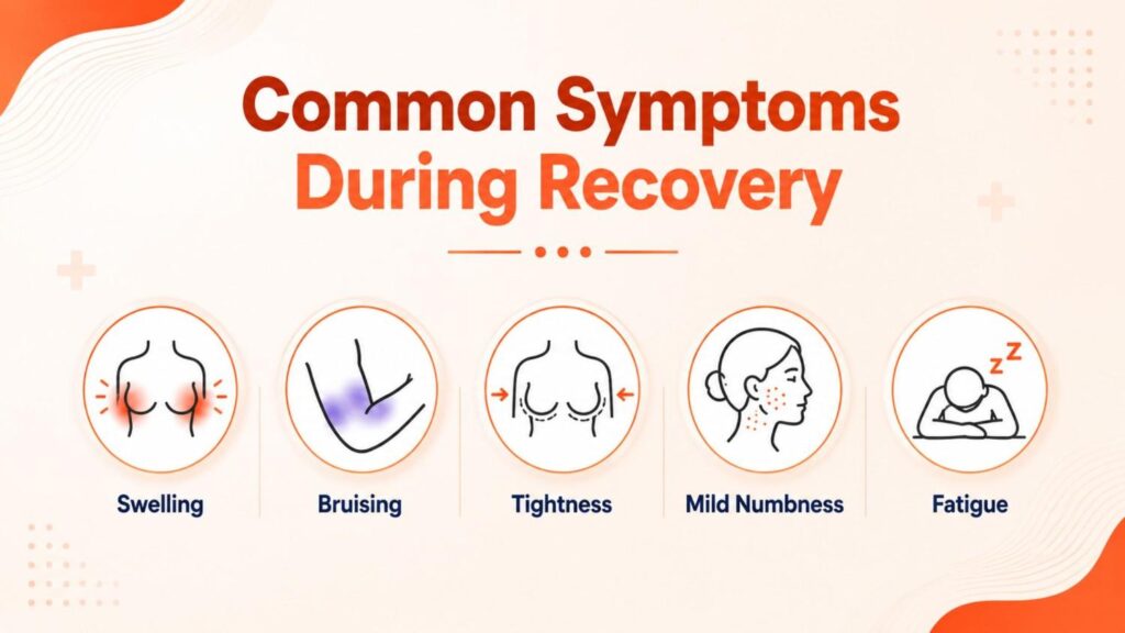 What to Expect During Breast Augmentation Recovery infographic showing common recovery symptoms including swelling, bruising, tightness, mild numbness, and fatigue after breast augmentation surgery