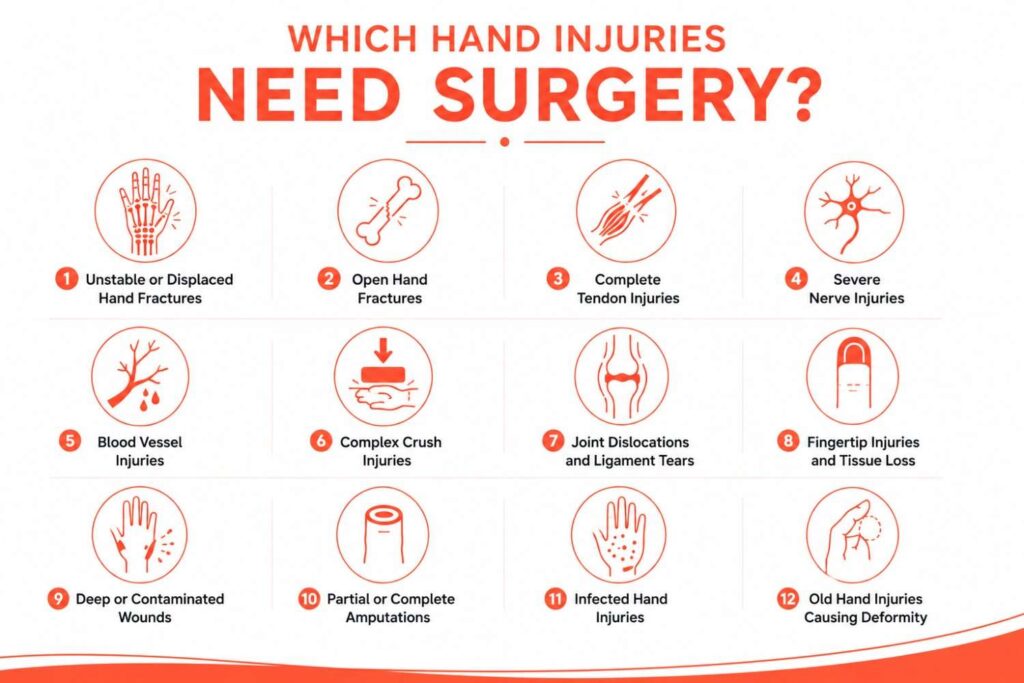 Medical infographic outlining hand injuries that may require surgery, featuring simple medical icons for unstable fractures, open fractures, tendon injuries, nerve injuries, blood vessel injuries, crush injuries, joint injuries, fingertip injuries, contaminated wounds, amputations, infections, and old hand injuries.