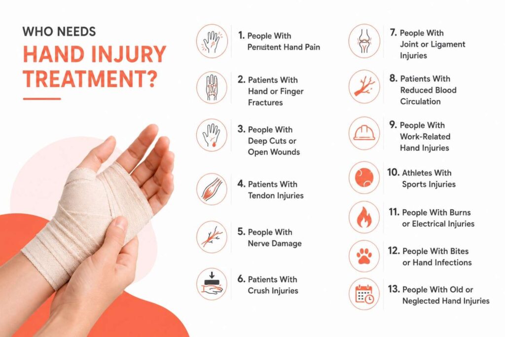 Medical infographic showing who may need hand injury treatment, featuring a realistic bandaged hand and key conditions such as persistent pain, fractures, deep cuts, tendon injuries, nerve damage, crush injuries, joint injuries, reduced circulation, workplace injuries, sports injuries, burns, infections, and old hand injuries.