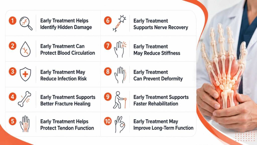 Ten benefits of early treatment for hand injuries, including better healing, nerve recovery, reduced stiffness, and improved long-term function.