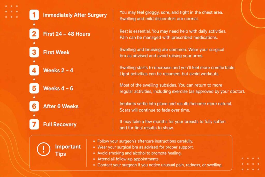 Recovery after breast augmentation surgery timeline infographic showing healing stages, recovery milestones, and essential post-operative care tips