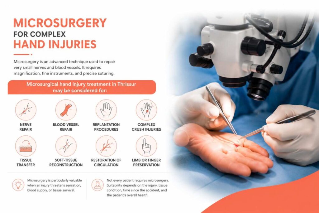 Medical infographic illustrating microsurgery for complex hand injuries with a realistic surgical procedure, operating microscope, and key microsurgical treatment applications