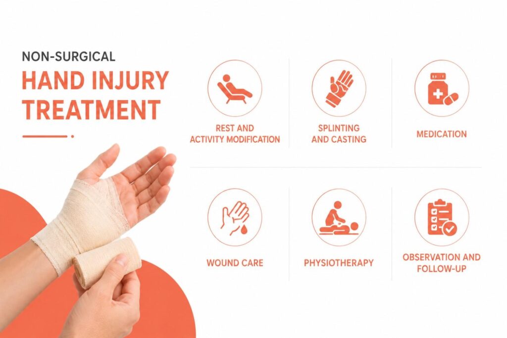 Medical infographic illustrating non-surgical hand injury treatment with realistic bandaged hand imagery and key treatment options, including rest, splinting, medication, wound care, physiotherapy, and follow-up care.