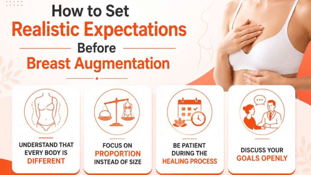 Infographic explaining How to Choose the Best Plastic Surgeon for Breast Augmentation by focusing on realistic expectations, body proportions, healing, and consultation.