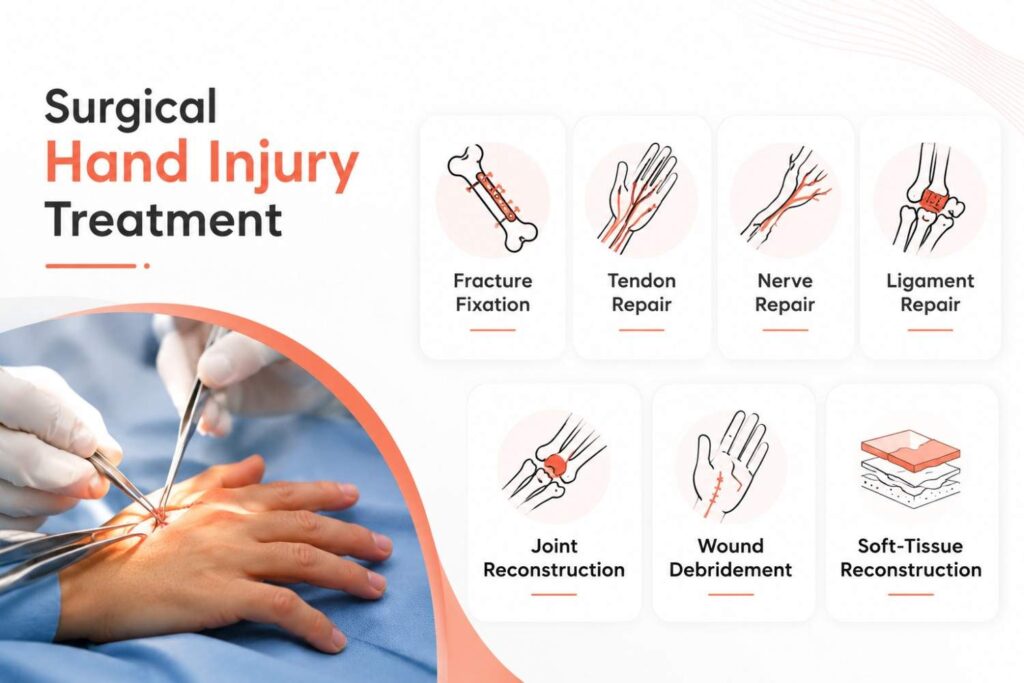 Medical infographic showing surgical hand injury treatment with a realistic hand surgery scene and key procedures including fracture fixation, tendon repair, nerve repair, ligament repair, joint reconstruction, wound debridement, and soft-tissue reconstruction.