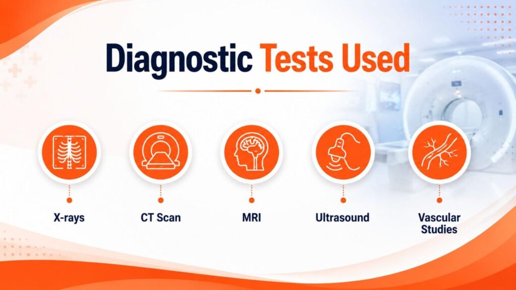 Diagnostic tests used for treatment for accident related injuries including X-rays, CT Scan, MRI, Ultrasound, and Vascular Studies