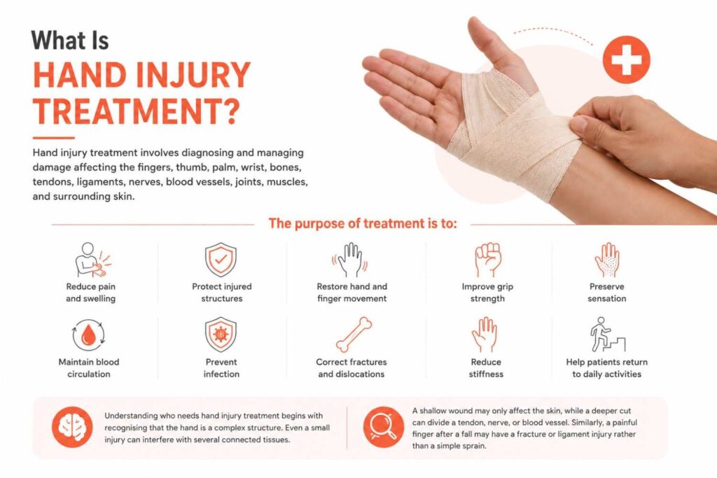 Medical infographic explaining hand injury treatment with a realistic clinical hand examination and key treatment goals, including pain relief, restoring movement, protecting injured structures, and improving hand function.