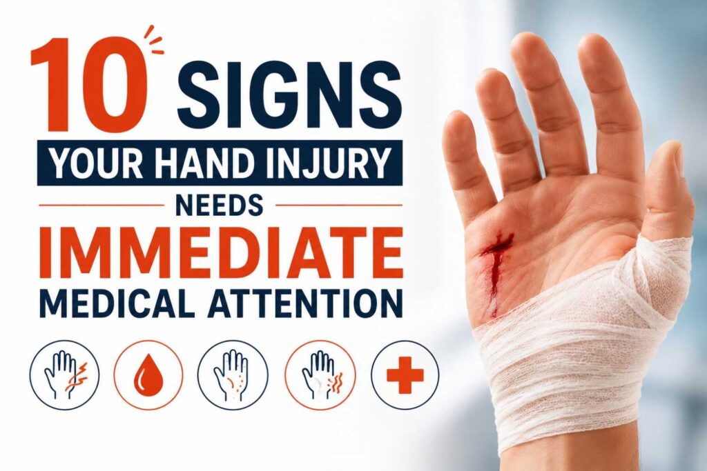 Featured image showing a bandaged hand with a bleeding injury alongside the title "10 Signs Your Hand Injury Needs Immediate Medical Attention."