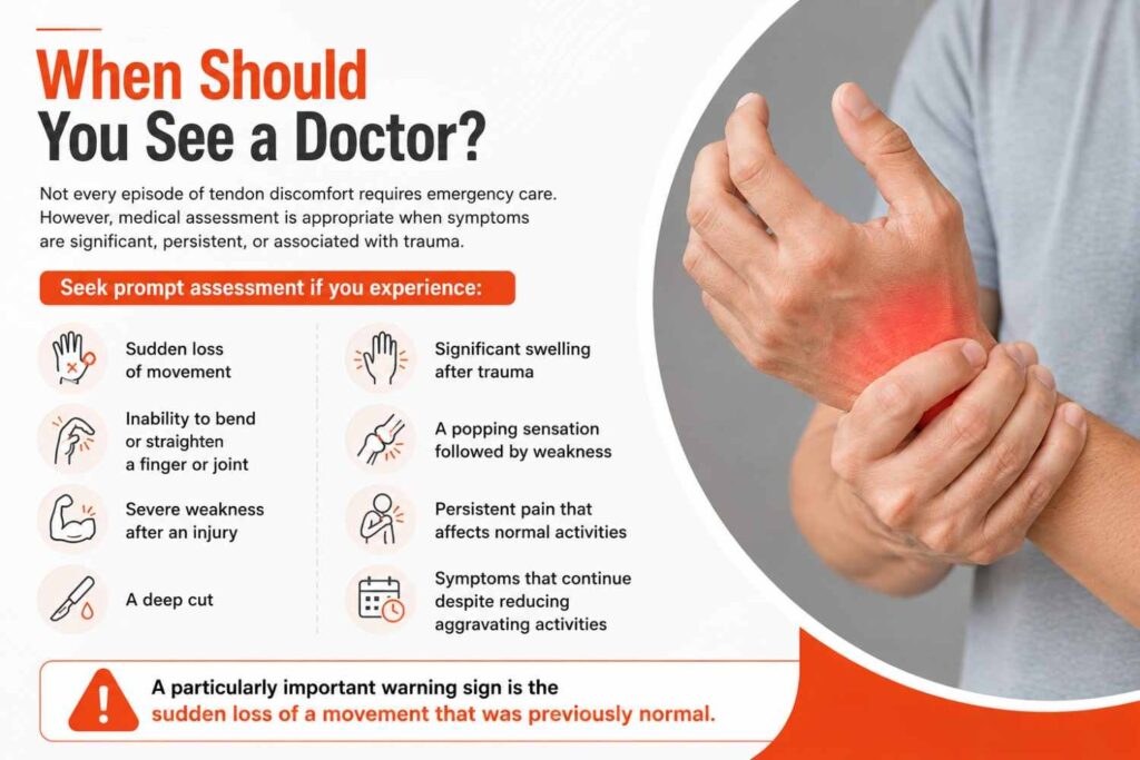 Warning signs of tendon injury requiring medical assessment, including sudden movement loss, weakness, swelling, and persistent pain