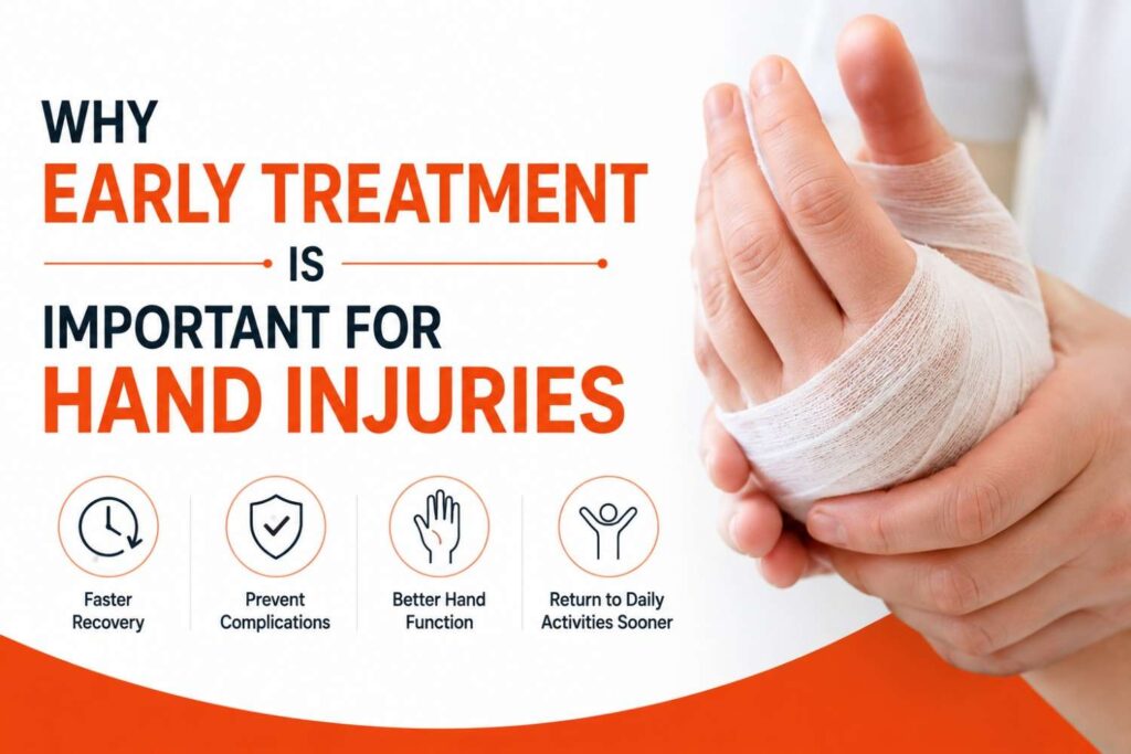 Featured image illustrating why early treatment is important for hand injuries with a bandaged hand and simple healthcare icons on a white and orange background.