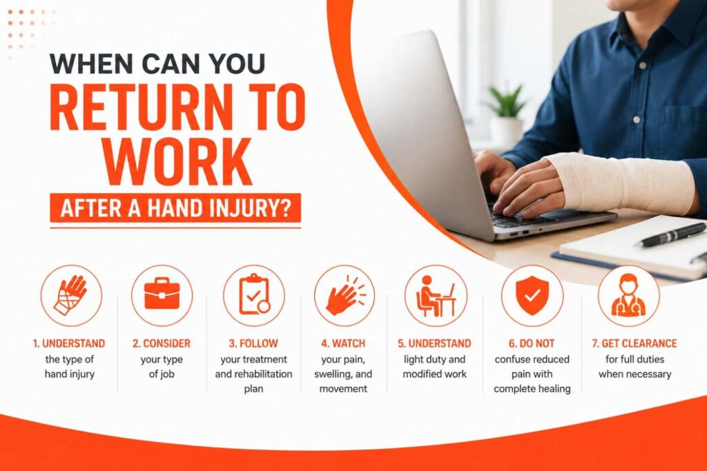 Infographic showing key factors to consider before returning to work after a hand injury, including injury type, job requirements, rehabilitation, pain, modified duties, healing, and medical clearance in an orange and white design.