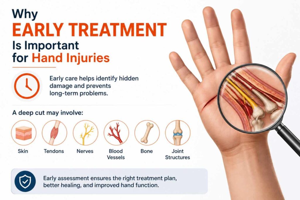 Medical infographic showing why early treatment is important for hand injuries, featuring a realistic injured hand with a magnified view of underlying structures such as tendons, nerves, blood vessels, bones, and joints.