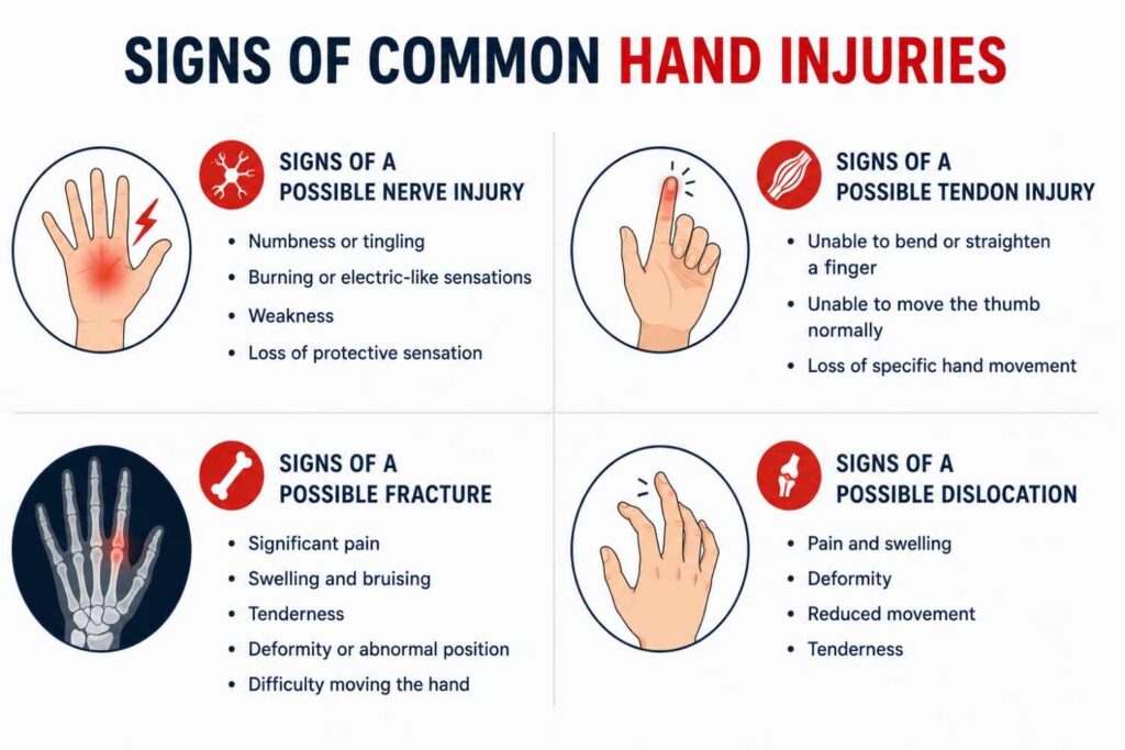 Medical infographic comparing the signs of possible nerve injury, tendon injury, fracture, and dislocation in the hand with simple medical illustrations.