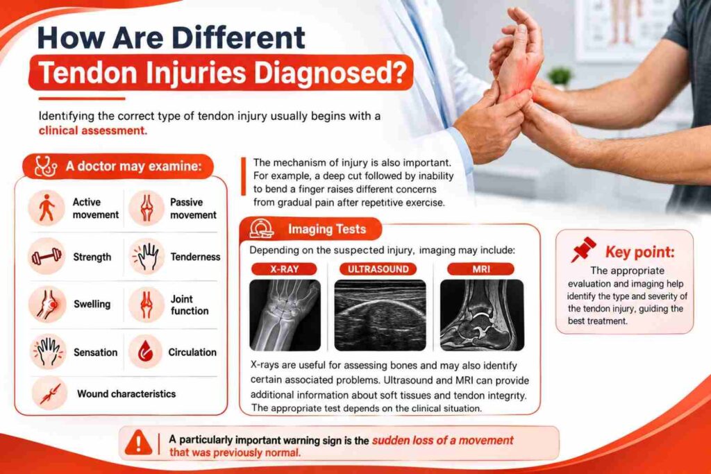 Diagnosis of tendon injuries using clinical examination, X-ray, ultrasound, and MRI
