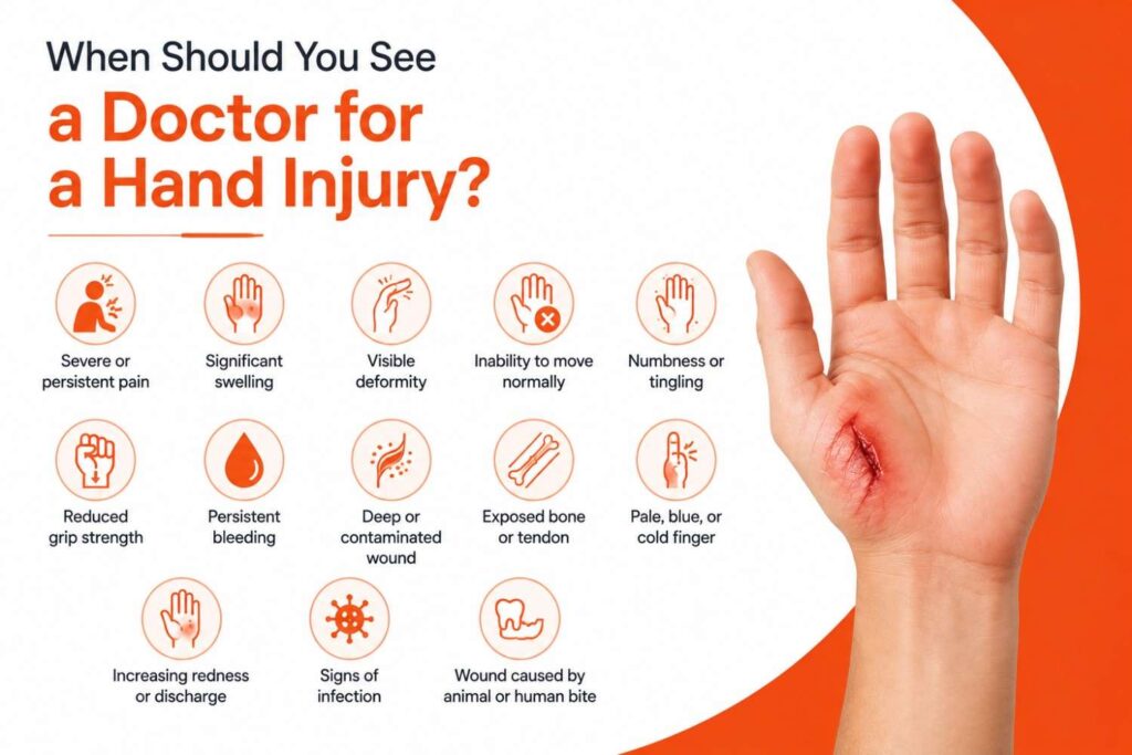 Medical infographic showing warning signs that indicate when to see a doctor for a hand injury, alongside a realistic injured hand with a deep wound.