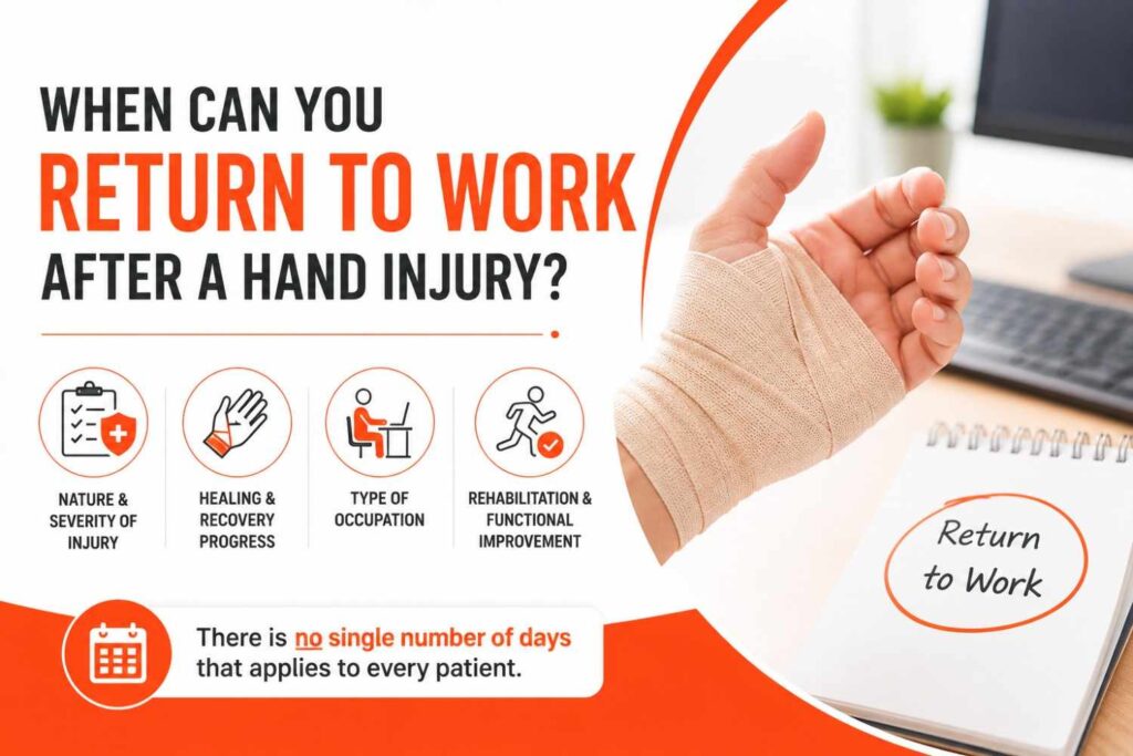 Infographic illustrating the factors that determine when a person can return to work after a hand injury, including injury severity, healing progress, occupation, and rehabilitation, in an orange and white healthcare design.